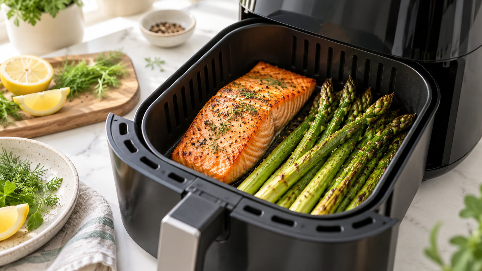 Laks og asparges i air fryer