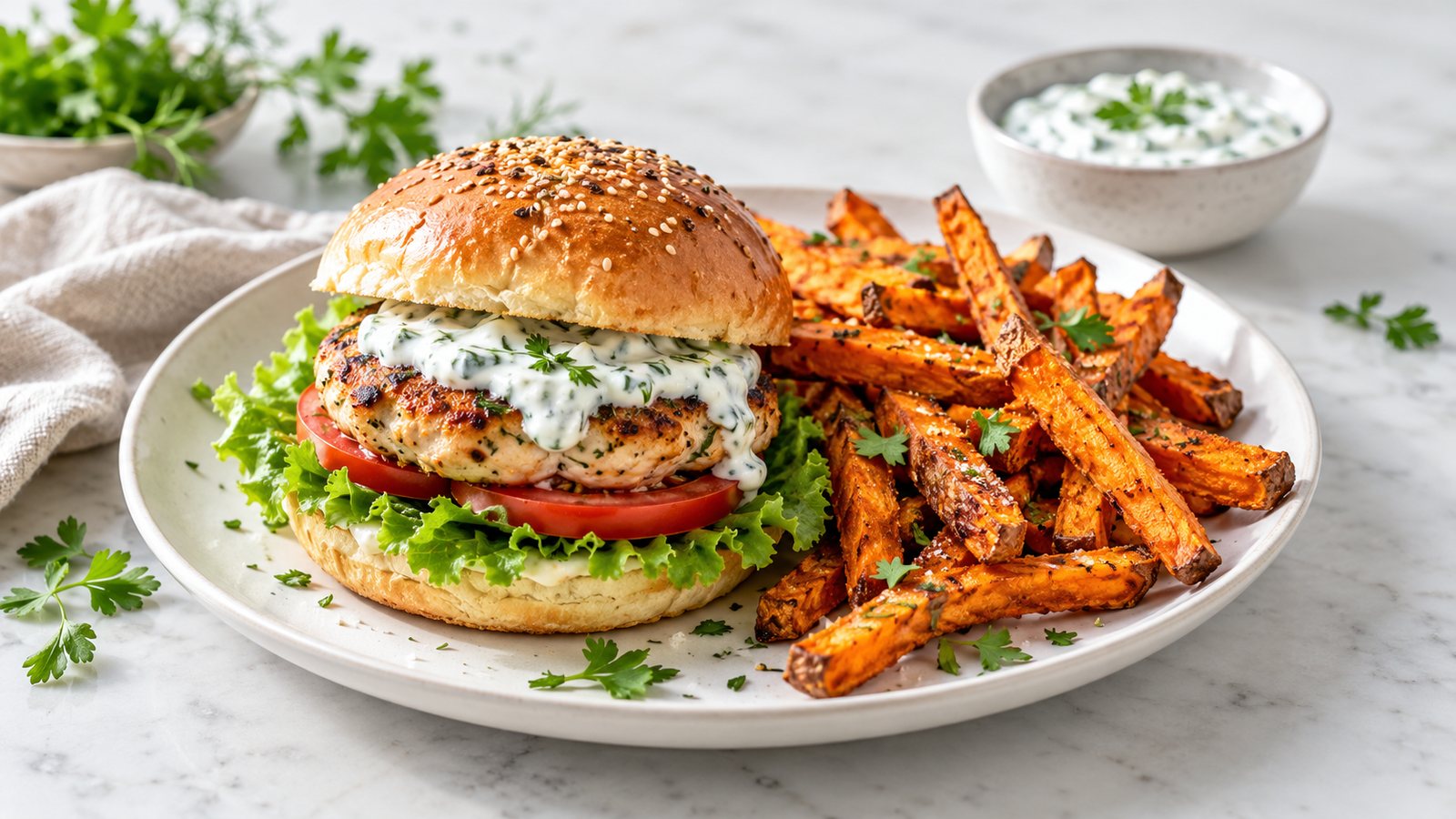 Kyllingeburger med søde fritter