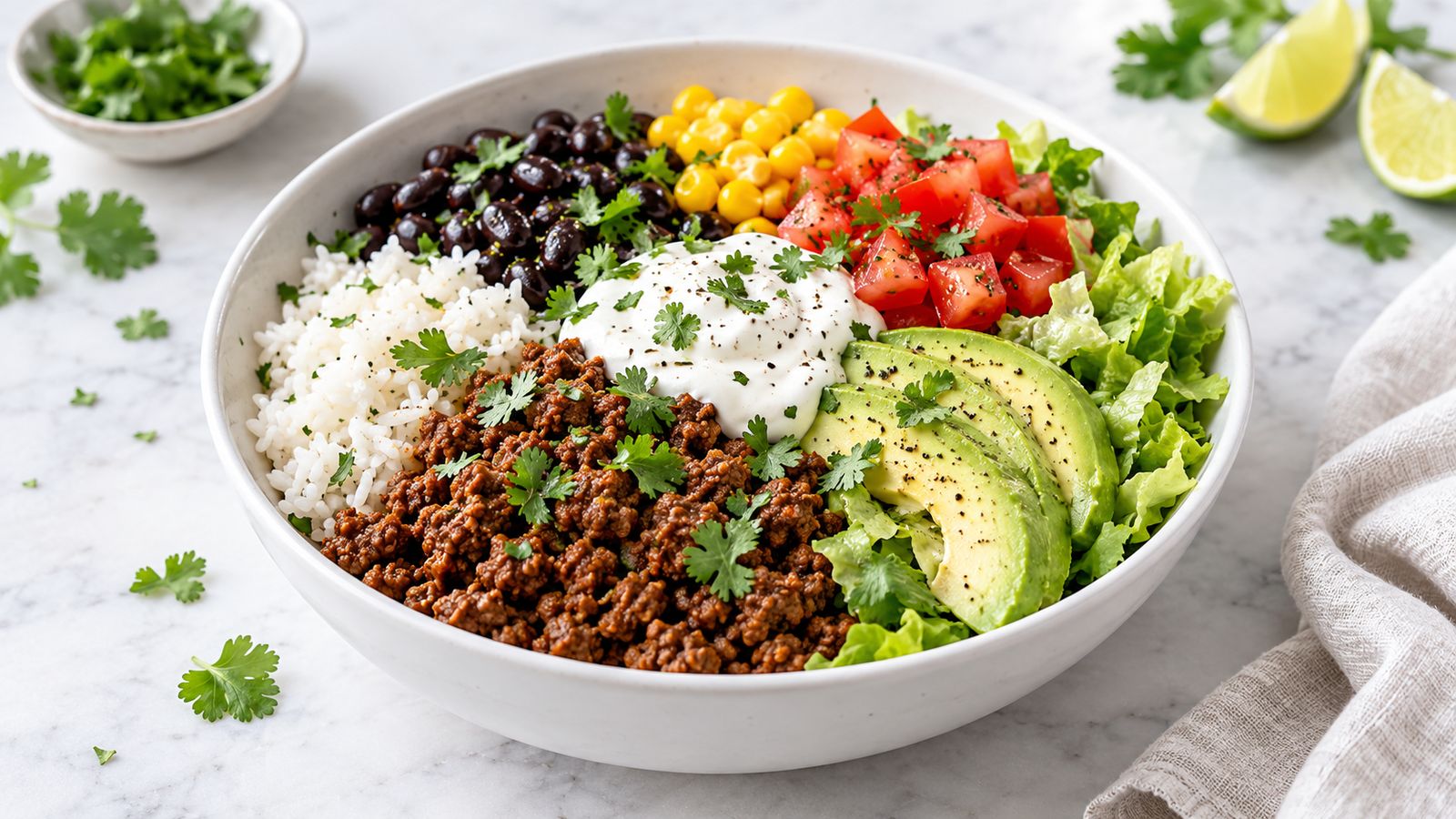 Burrito bowl med oksekød og sorte bønner