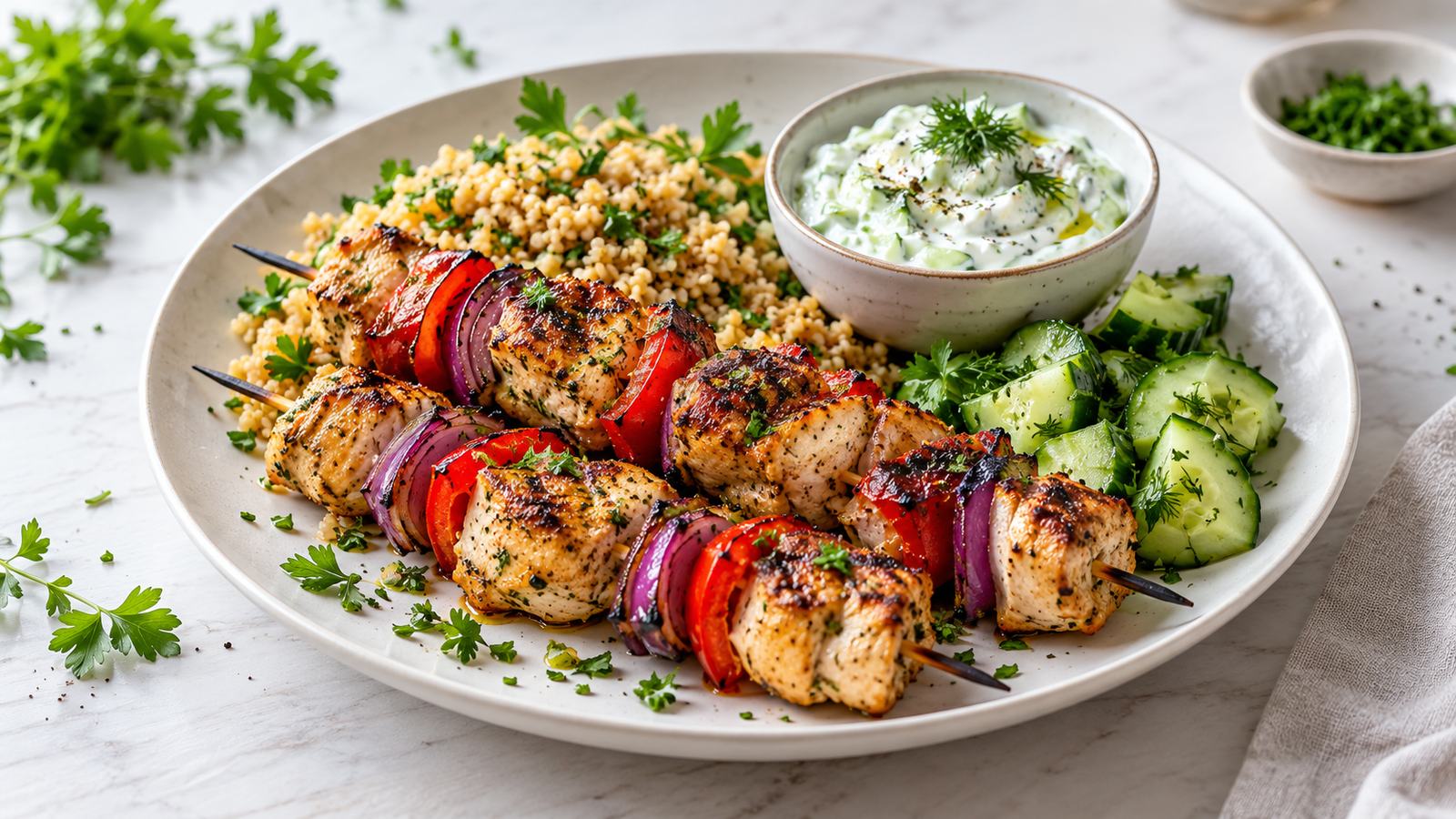 Kyllingespyd med tzatziki og bulgur