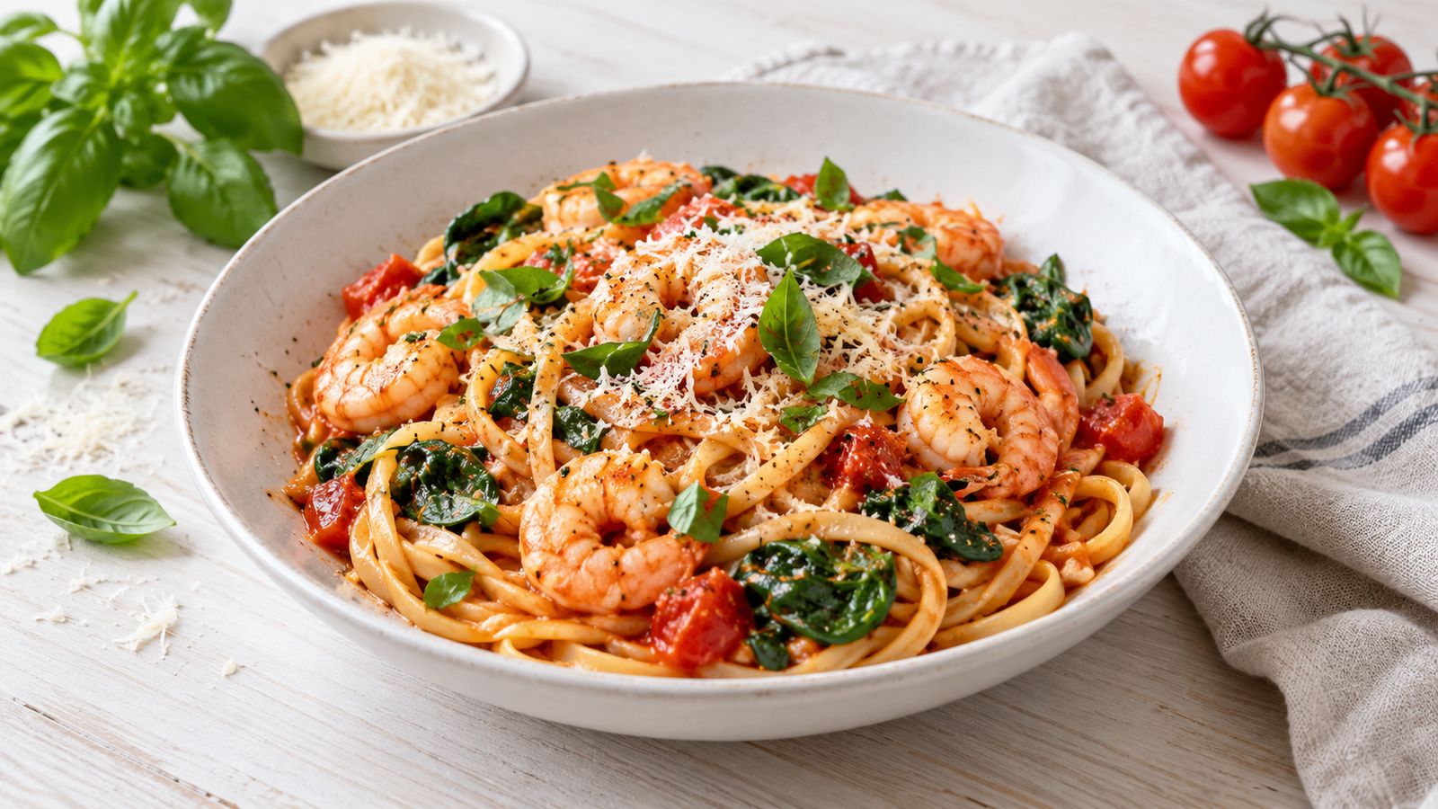 Pasta med rejer i tomatsovs